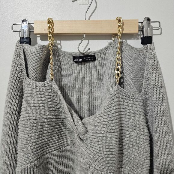 Shein - Blouse Off Shoulder Chunky Knit Chain Strap Sweater - Size L - Gray - Picture 4 of 9